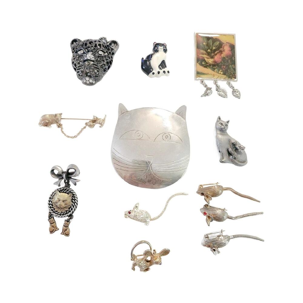 Vintage Cat and Mouse Brooch Lot of 13, Vintage Lapel Pin Bundle